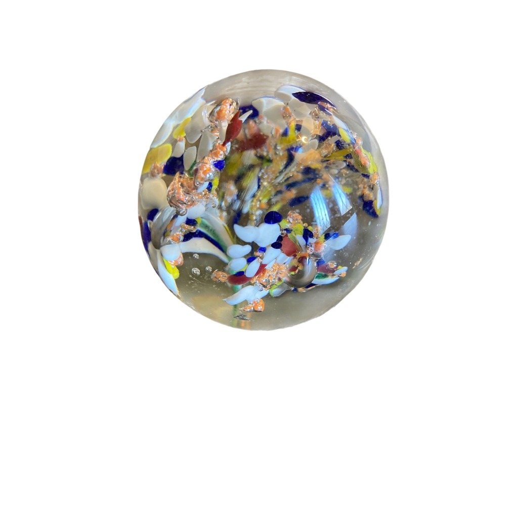 Vintage Hand Blown Art Glass Paperweight Confetti Millefiori Blue Yellow 2.75"